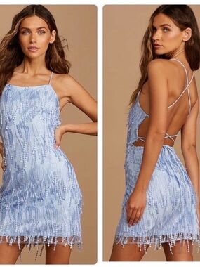 Lulu's Making Magic Light Blue Fringe Lace Up mini Dress - size small